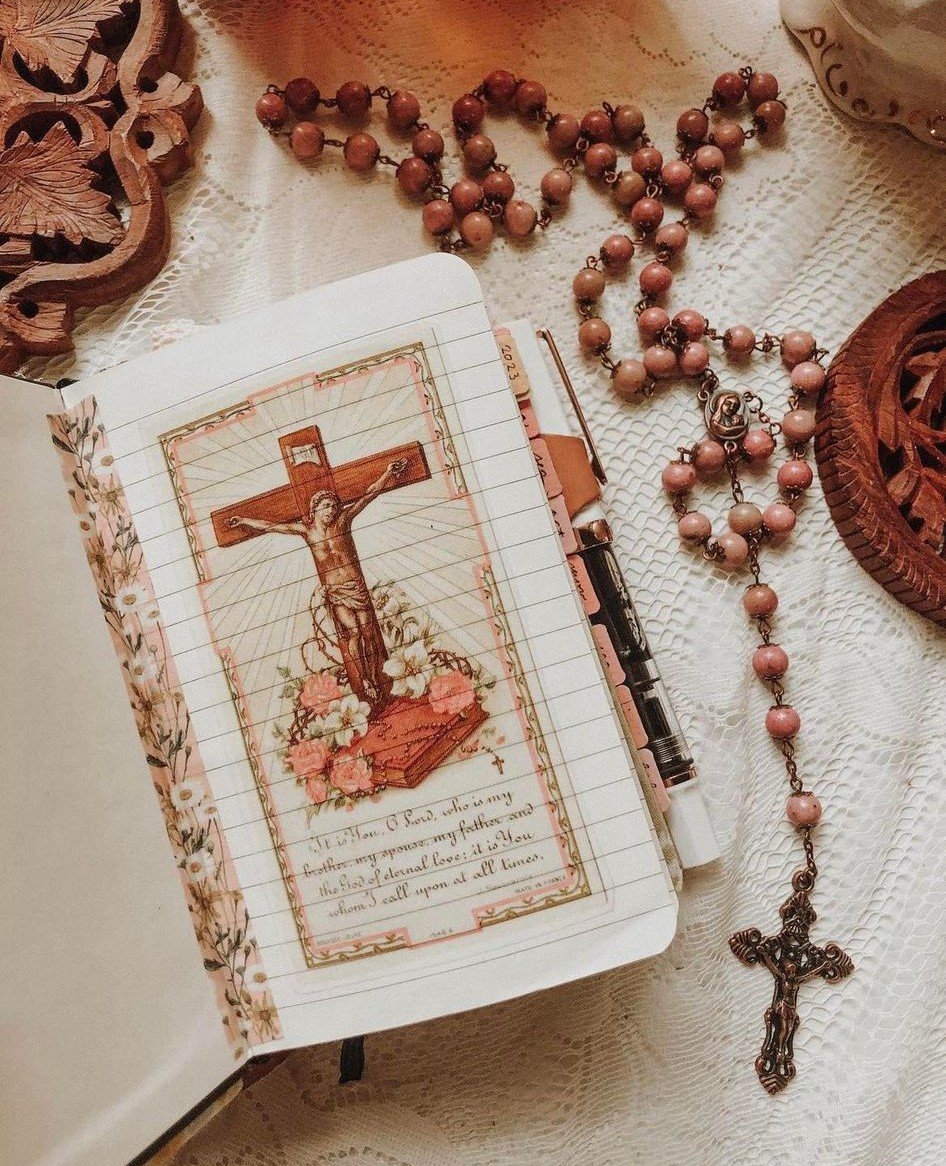 Antique Jesus Crucifix Floral Holy Card Printable PDF Sticker Catholic Planner Prayer