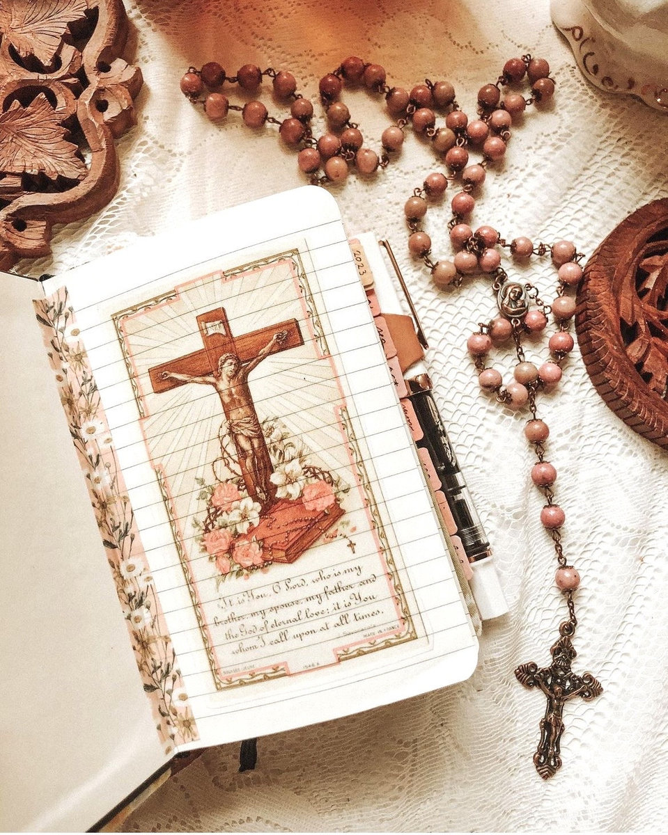 Antique Jesus Crucifix Floral Holy Card Printable PDF Sticker Catholic Planner Prayer
