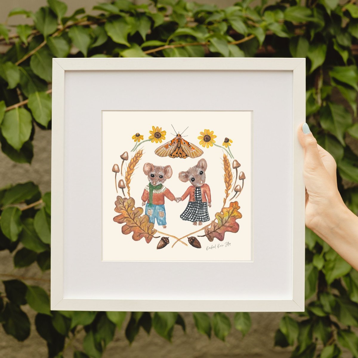 Autumn Mice Cozy Cottagecore Illustration by Rachael Rose Zoller cute fall art Harvest Moth Sunflower