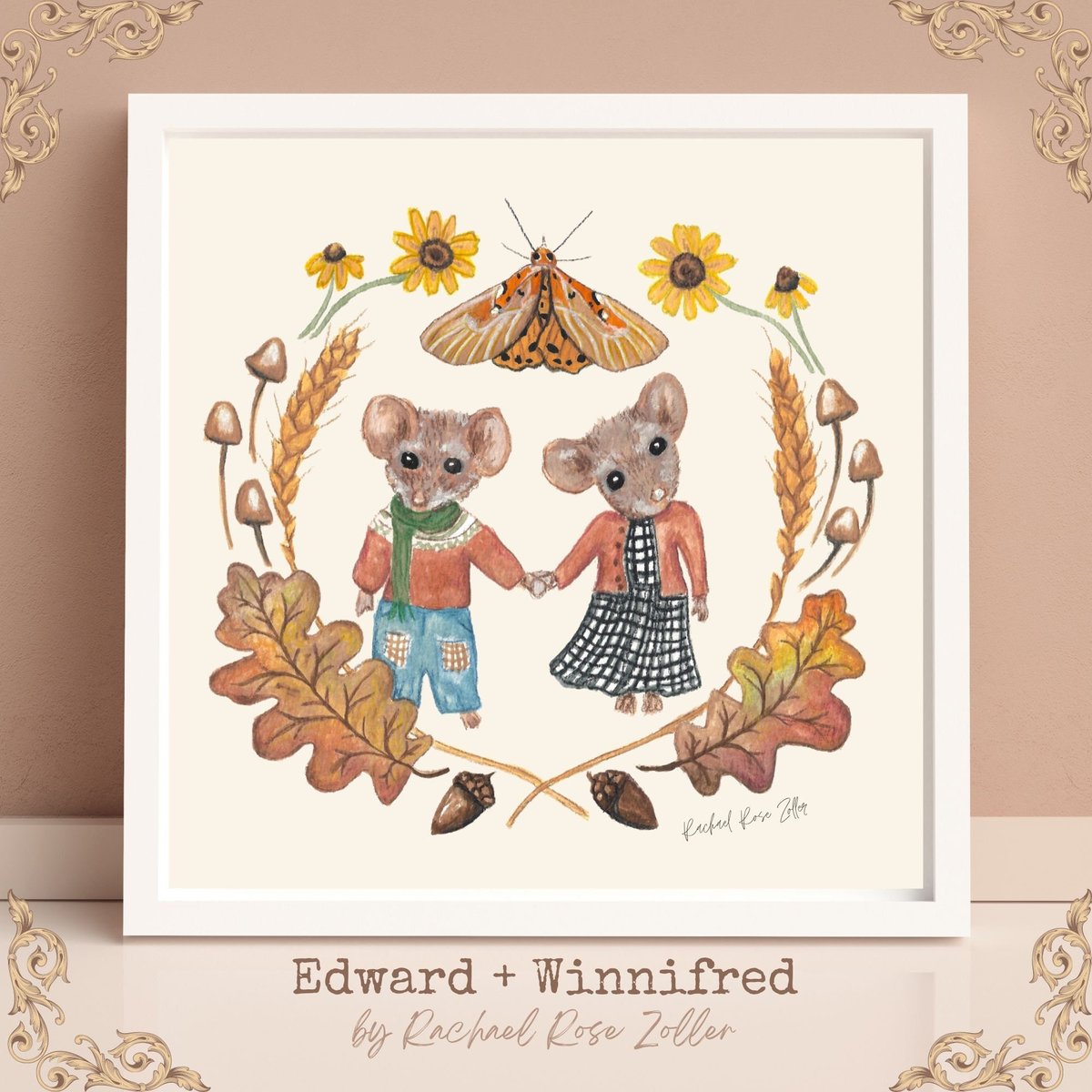 Autumn Mice Cozy Cottagecore Illustration by Rachael Rose Zoller cute fall art Harvest Moth Sunflower