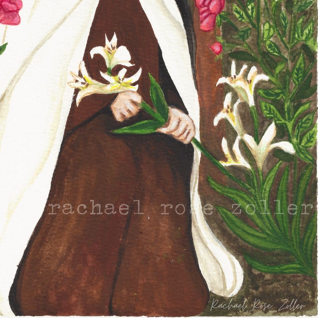 St. Therese Of Lisieux The Little Flower Saint watercolor gouache by Rachael Rose Zoller