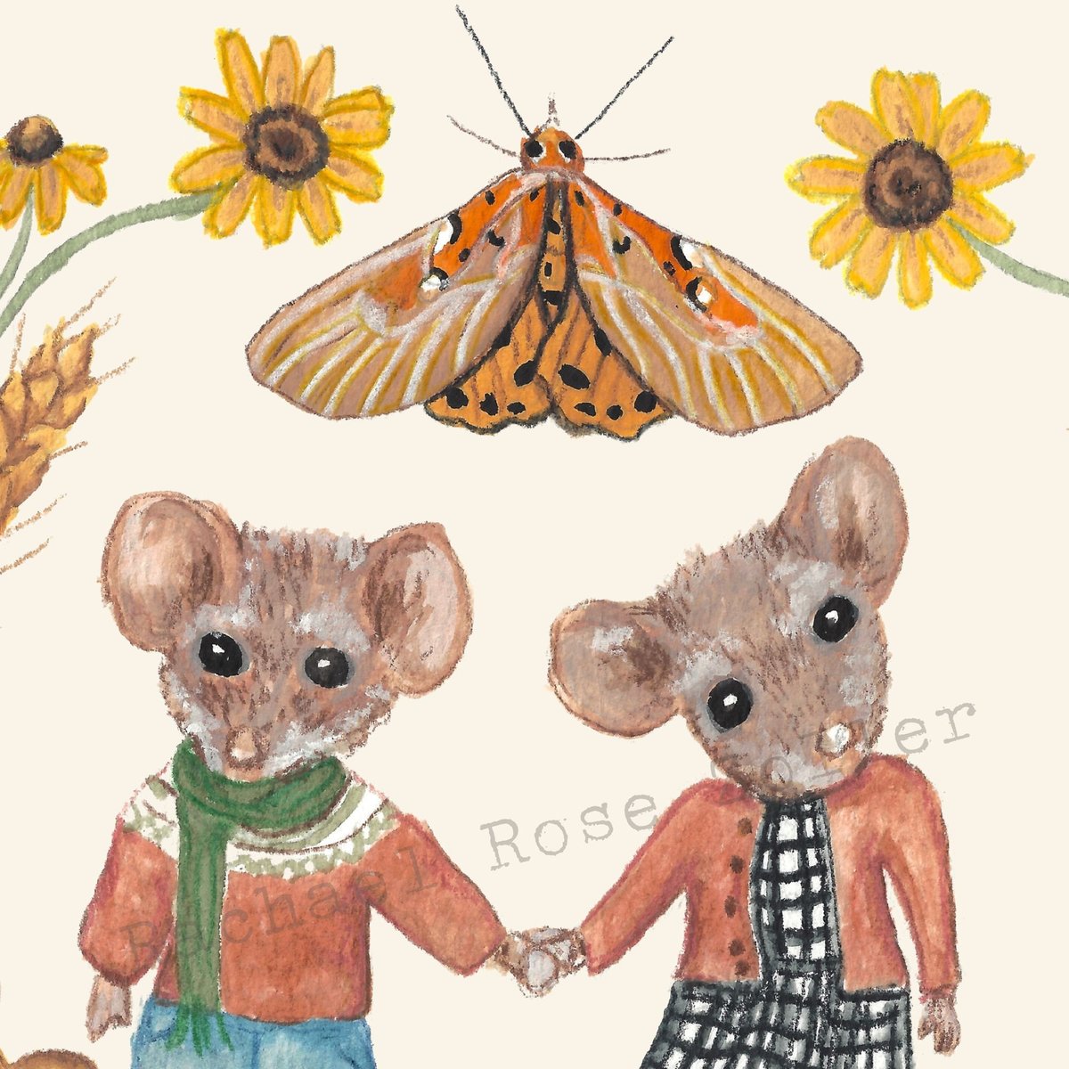 Autumn Mice Cozy Cottagecore Illustration by Rachael Rose Zoller cute fall art Harvest Moth Sunflower