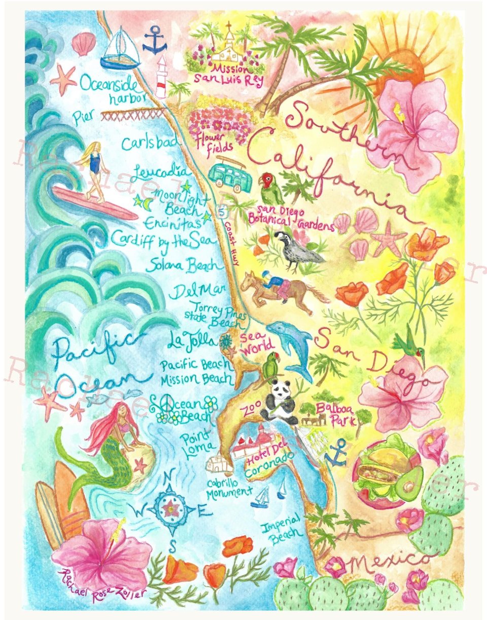San Diego Illustrated Map Print 11x14" Print